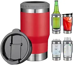 Caneca Porta Latas e Isolador 4 em 1 para Lata Fina e Padrão de 355ml e Long Neck de Cerveja. Copo Térmico de Aço Inoxidável Isolado a Vácuo e Termocooler (Red)