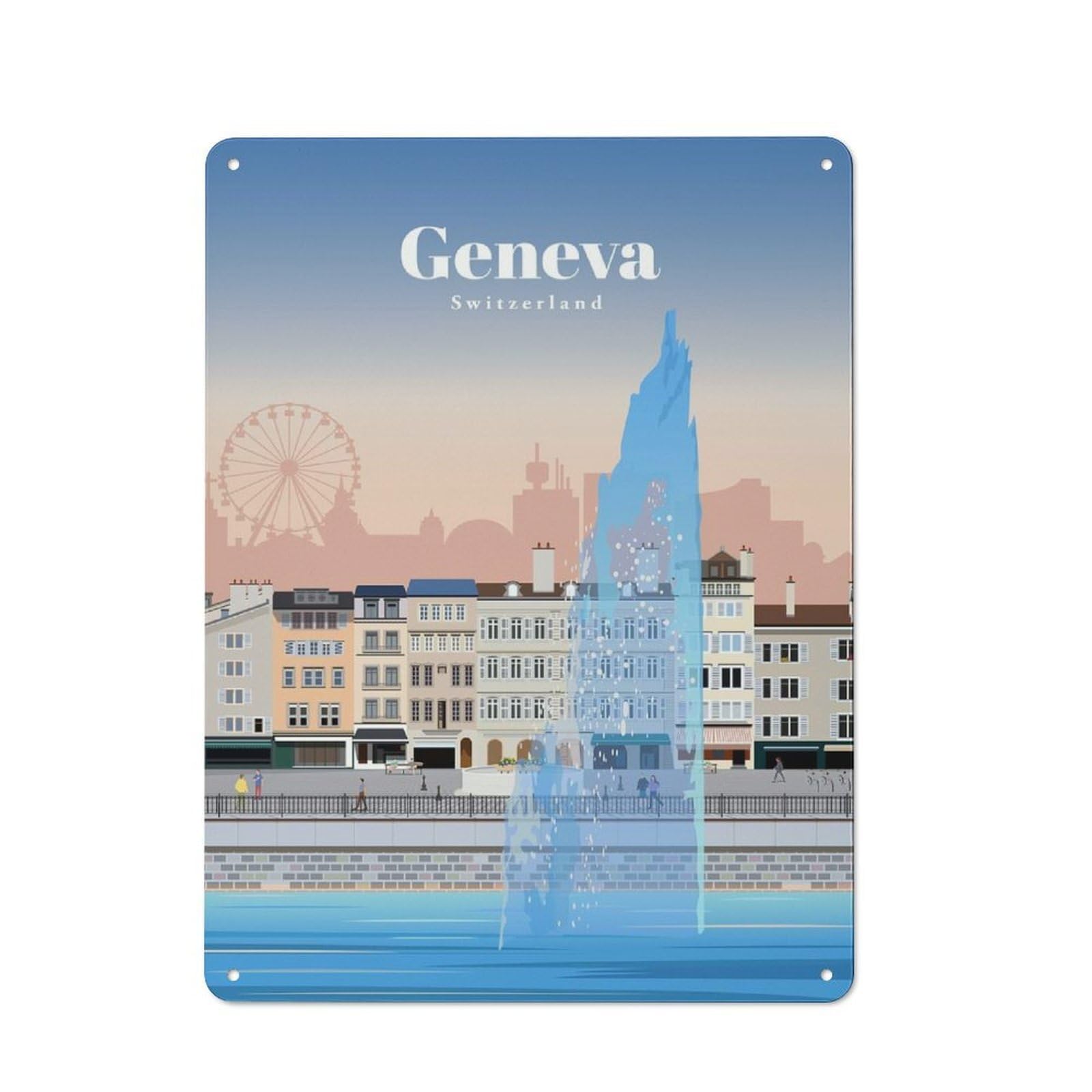 Travel to Geneva Decorative Metal Plaque, Bright Printed Design, for Washroom, Small Wall Space Or Hallway, 40x30cm
