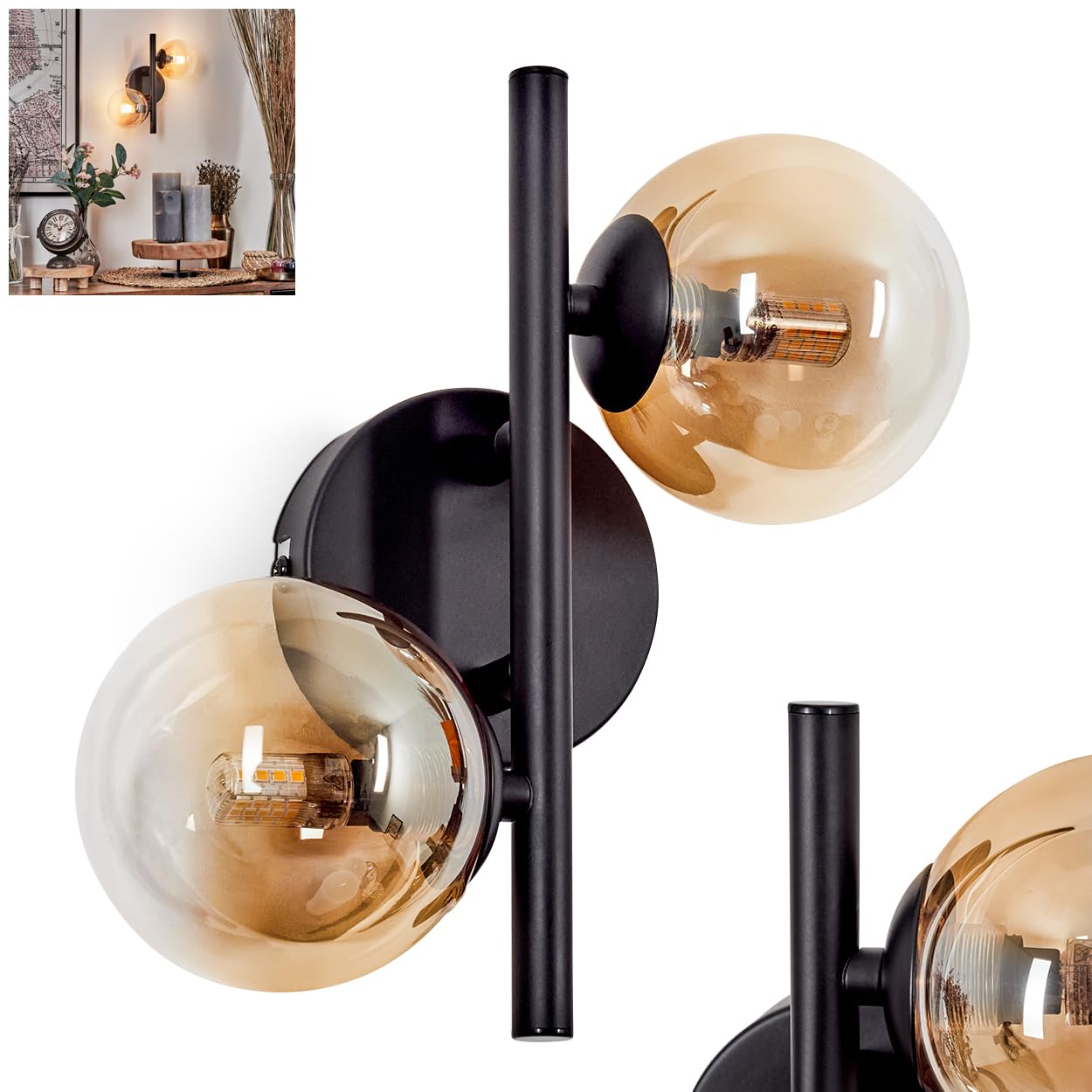 Wandleuchte Chehalis, Wandlampe aus Metall/Glas in Schwarz/Bernstein/Klar, Leuchte im modernen Retro/Vintage-Design m. Schirmen aus Glas (Ø 10cm) u. An/-Auschalter am Gehäuse, 2x G9, ohne Leuchtmittel
