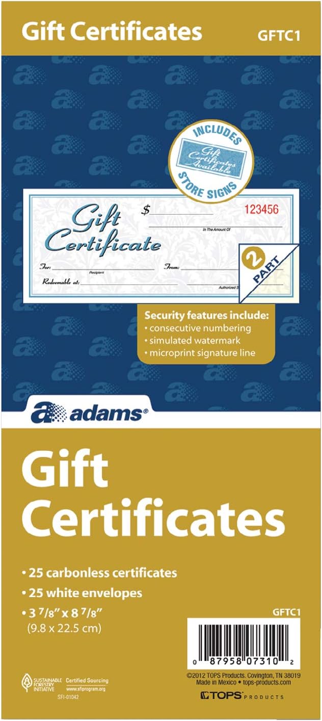Adams Gift Certificate Book, Carbonless, Single Paper, 3.4 x 8 Inches, White, 2-Part, 25 Numbered Certificates Plus Store Sign (GFTC1)