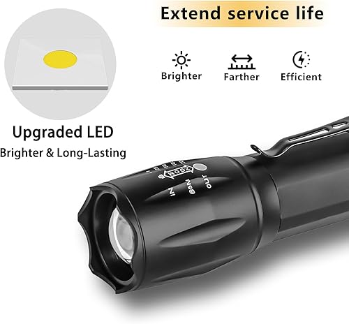 Miniatura 4 de KZK Linterna LED, linterna táctica brillante de 2500 lúmenes, 5 modos de haz zoomable, impermeable y duradera para campamento, al aire libre,