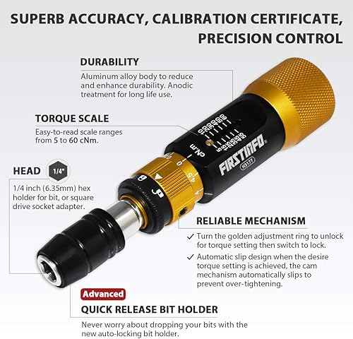 Miniatura 9 de FIRSTINFO H5178 Destornillador limitador de par certificado de precisión, soporte de puntas hexagonales de 14 pulgadas, 0.1-1.2 Nm1.33-10.18 In-lb