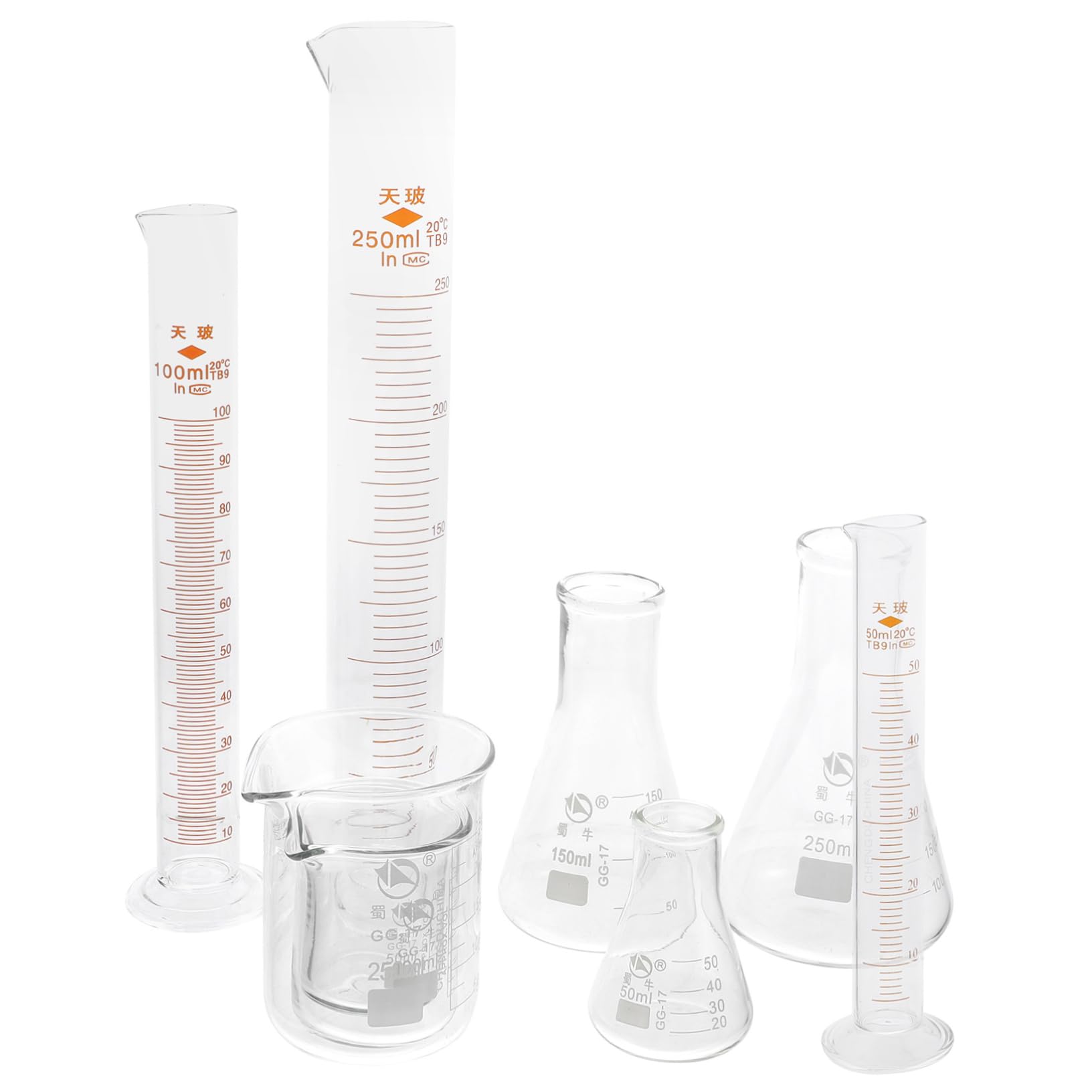 Garneck Complete Glassware Set 9pcs Lab Beakers Cylinders Measuring Cups for Organic Chemistry Distillati