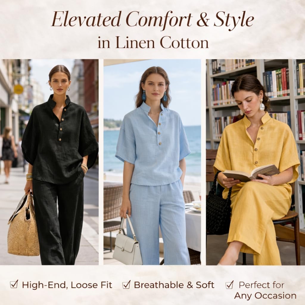 Women’s Batwing Sleeve Linen Cotton Two-Piece Set – Casual Shirt & Wide Leg Pants Outfit, Women's Shirt Suit