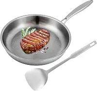 Frigideira de titânio martelado de 26 cm, frigideira de titânio para cozinhar, aquece rapidamente cozinha uniformemente, panela martelada de titânio puro antiaderente com espátula, compatível com