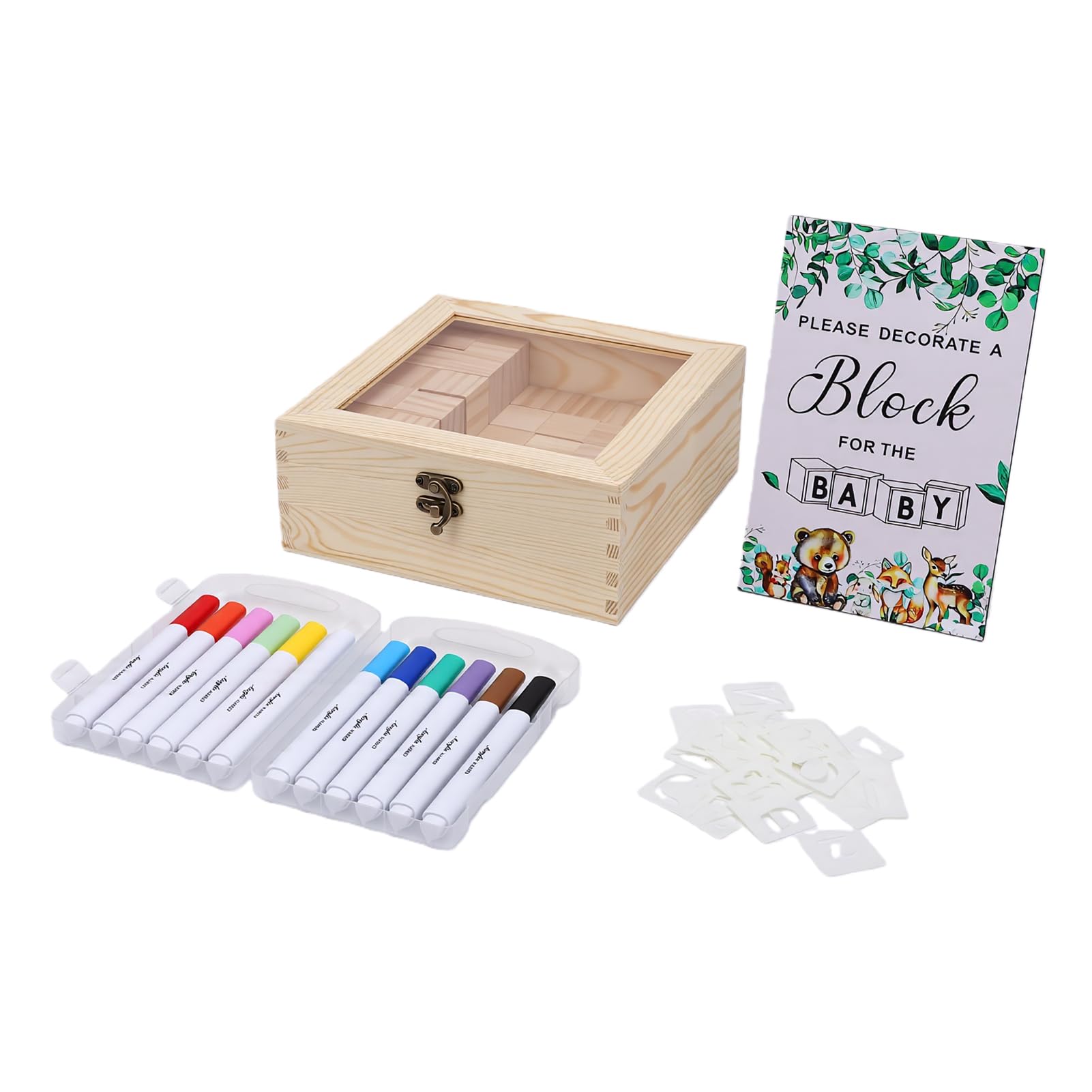 Fafeicy Set da Gioco per Baby Shower, 48 Blocchi in Legno di Pino Naturale con 12 Penne Colorate e 42 Modelli, per Feste per Bambini e Feste di Rivelazione del Genere