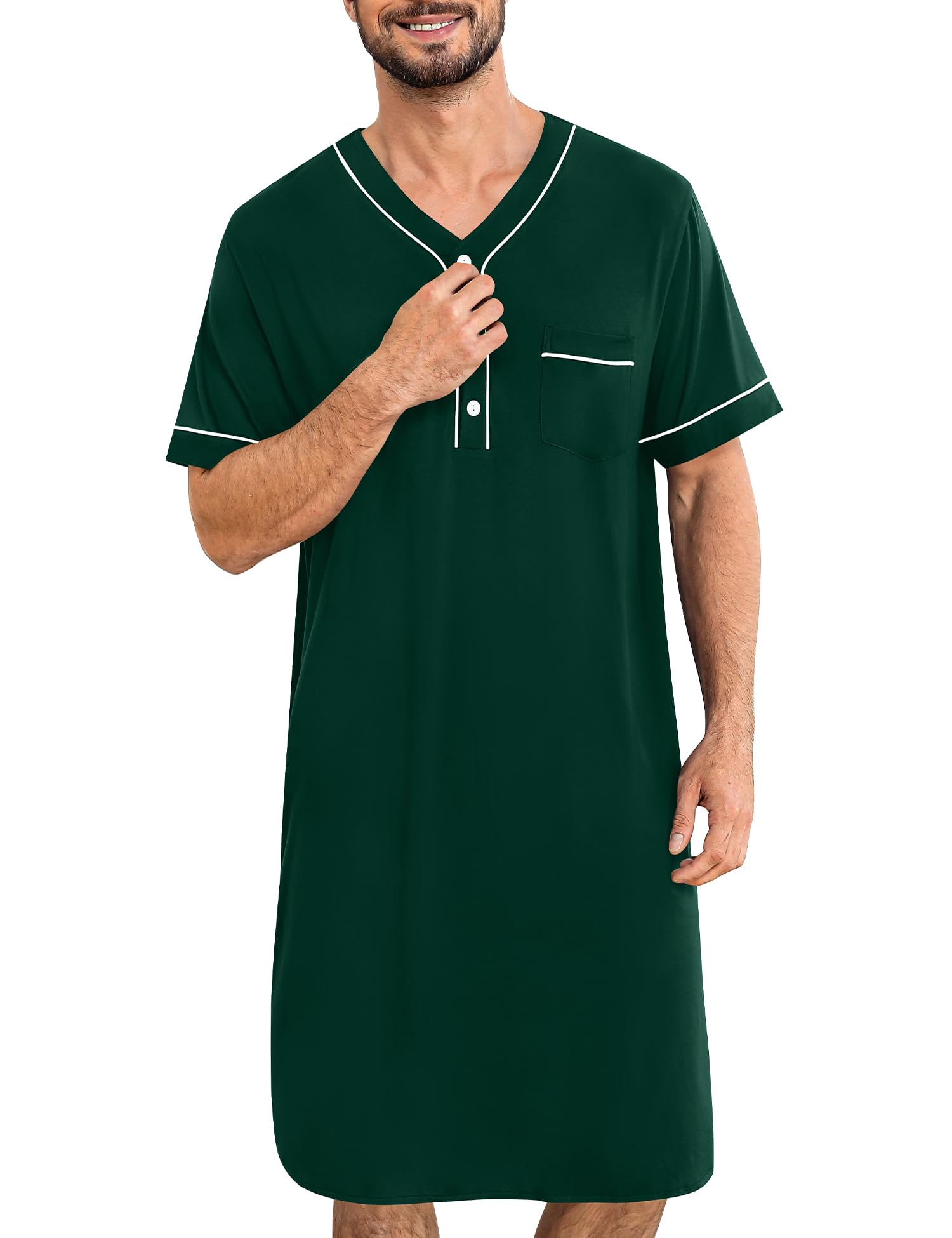 SWOMOG Mens Nightgown Short Sleeve Lounge, Sleep Henley Shirt Pajama Big &amp; Tall Nightshirt Comfy Nightwear M-3XL