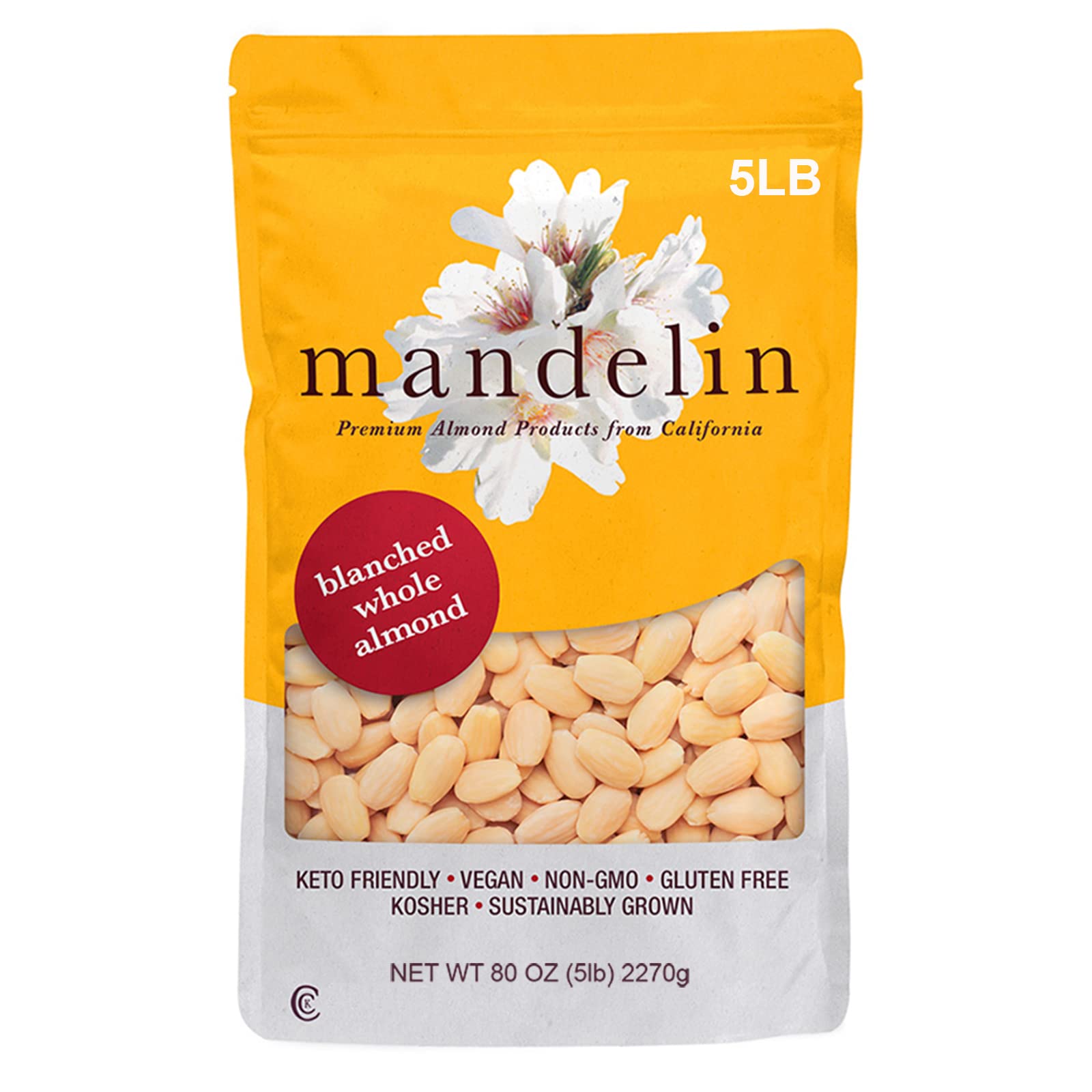 Mandelin Blanched Whole Almonds, 100% Almonds (5 lb / 80oz), Non-GMO, Gluten Free, Vegan, Keto, Plant Based Diet Friendly, Kosher for Passover, Every Batch Tested for Quality