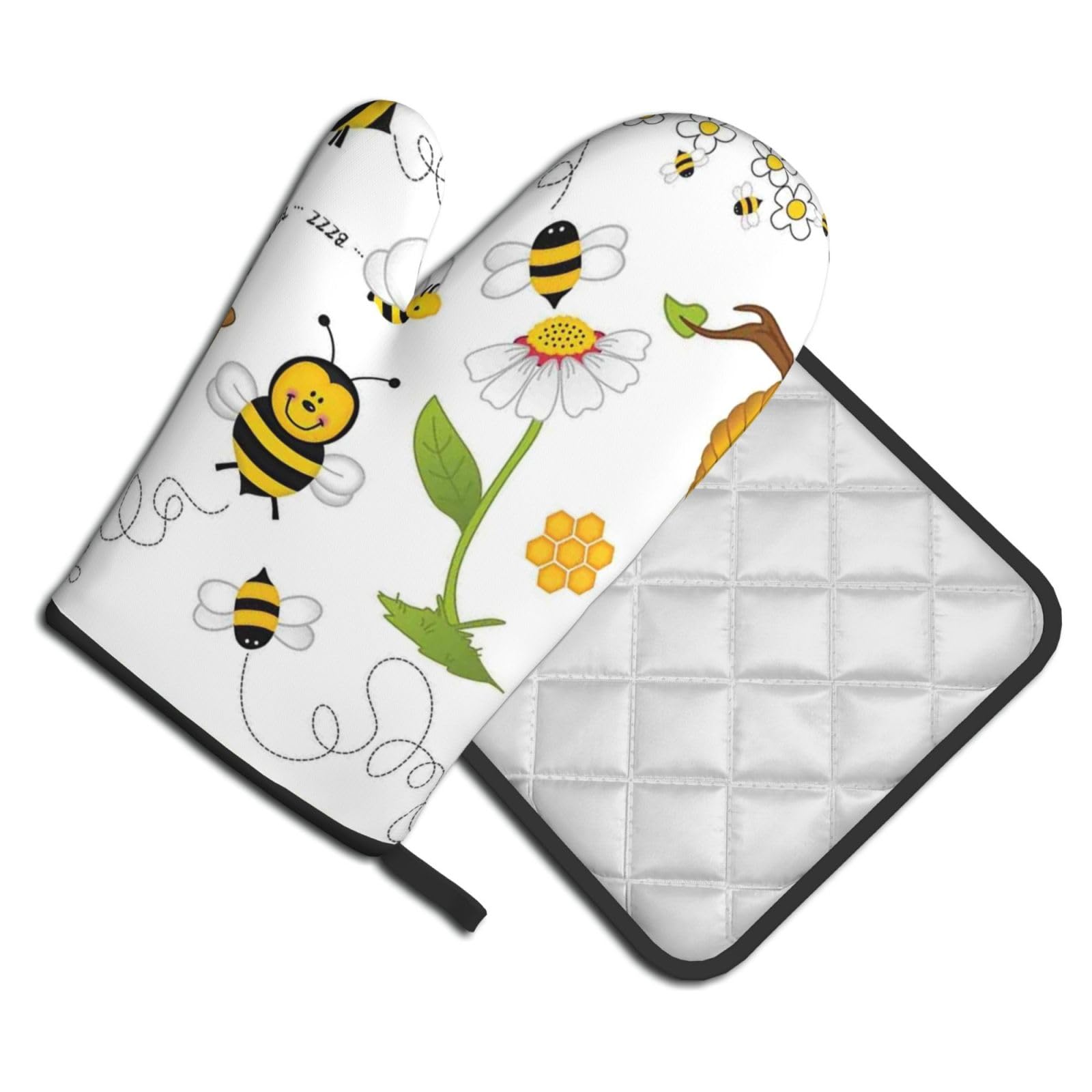Oven Mitts and Pot Holders Set of 2 Pcs, Flying Bees Daisy Honey Printed Heat Resistant Kitchen Gloves Potholders for Cooking Baking Grilling