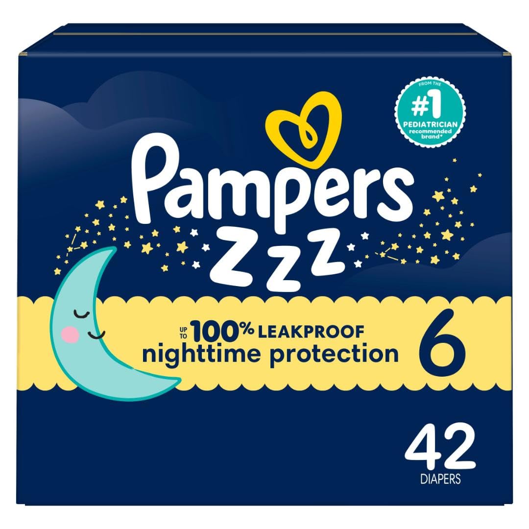 PampersOvernight Diapers - Swaddlers Overnights - Size 6, 42 Count, Disposable Baby Diaper, Night Time Leak and Skin Protection