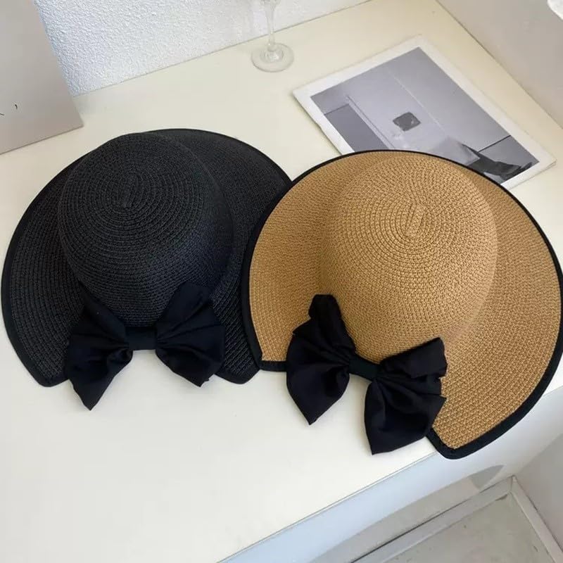 Sombrero de Paja Transpirable para Mujer,Sombrero de Verano de ala Ancha con Protección UV y Lazo Decorativo,Sombrero de Playa Ligera para Vacaciones,Viajes y Actividades Al Aire Libre