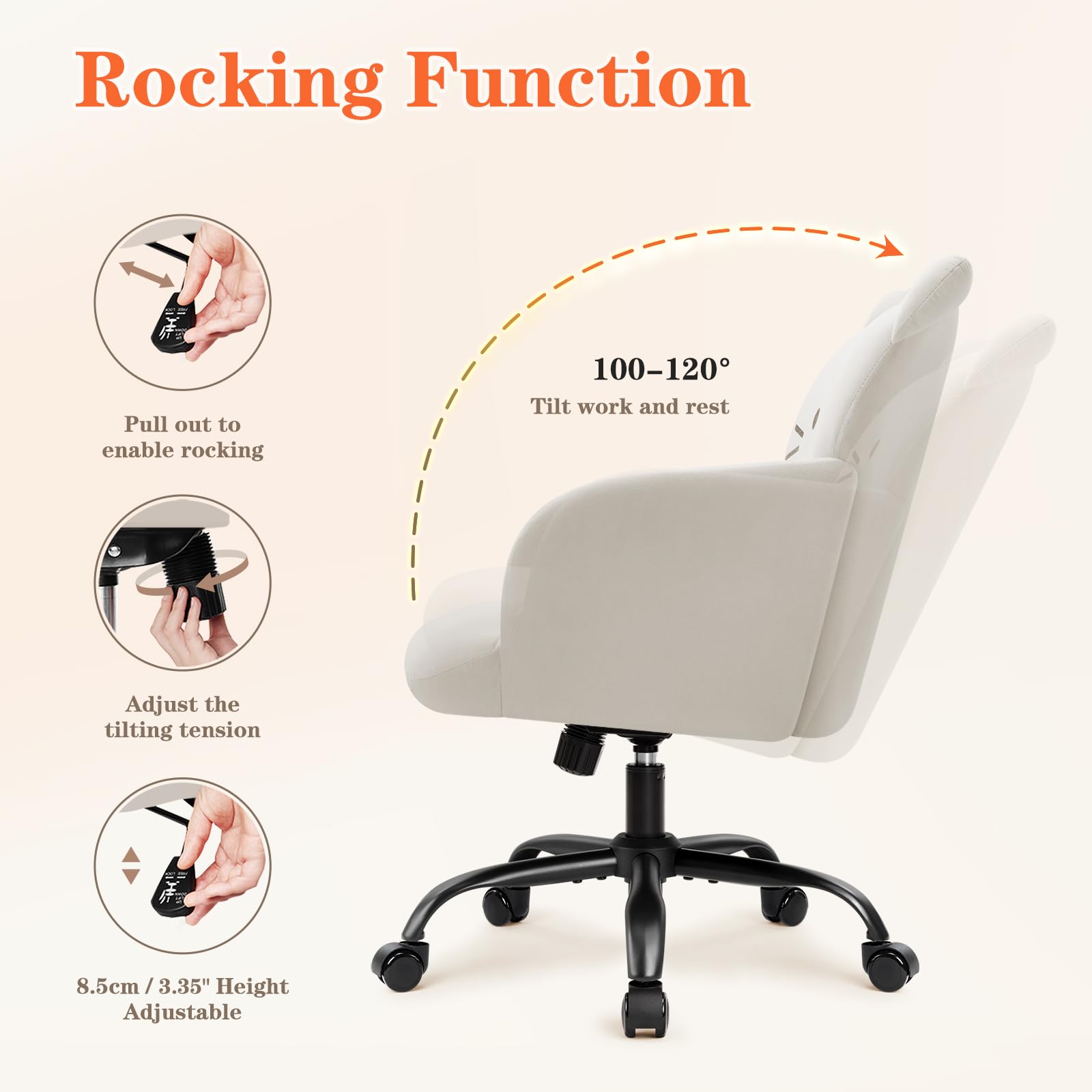IWMH Home Office Chair Wide Seat Desk Chair Cute Velvet Swivel Vanity Chairs Cat Themed Computer Task Chairs with Wheels Upholstered Modern Accent Armchair for Living Room Bedroom Study Makeup: Cream