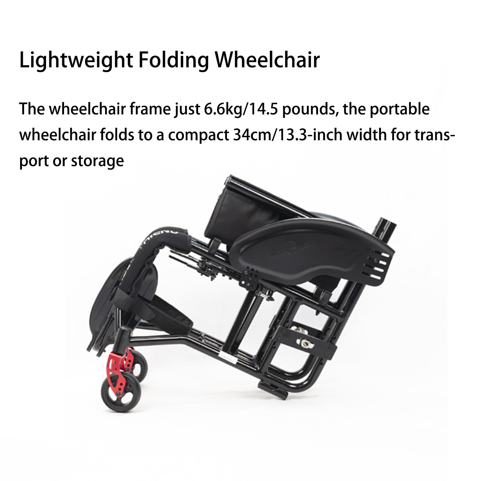 Silla de ruedas de Plegable ligera para deportes, Silla de ruedas de transporte de aluminio, Autopropulsable, portátil, para viajes (Seat width:38cm/14.9in,Black)