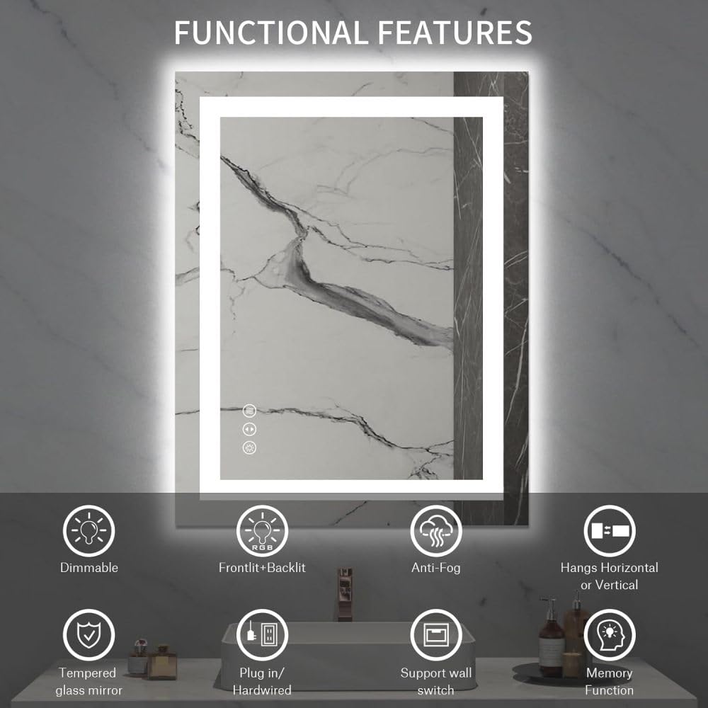 IP54 Waterproof Anti-Fog Bathroom Mirror,LED Vanity Mirror with Touch Control,Adjustable 3000K/4500K/6000K Color Temp&Infinite Dimming,High Lumen CRI95 Backlit Mirror (28x36 in)