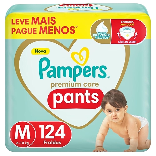 Fralda Pampers Premium Care Pants Tamanho M, Fácil de Vestir, 124 Unidades