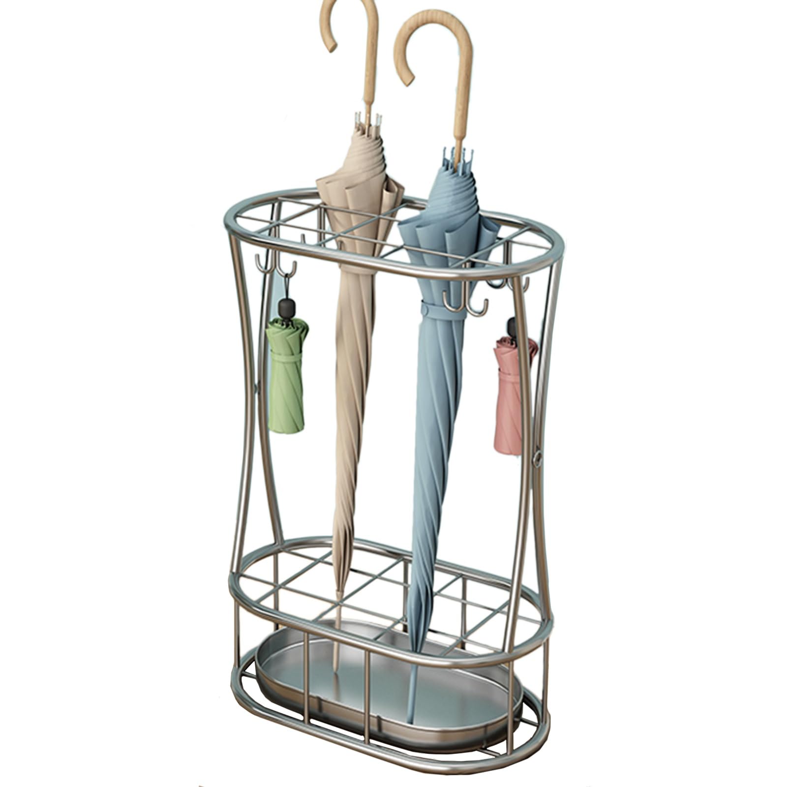 BHFPFZA Compact Umbrella Stand with 4 Hooks & Metal Drip Tray, Stylish Entryway for Home, Office & Nursery - Silver Finish for Modern Decor