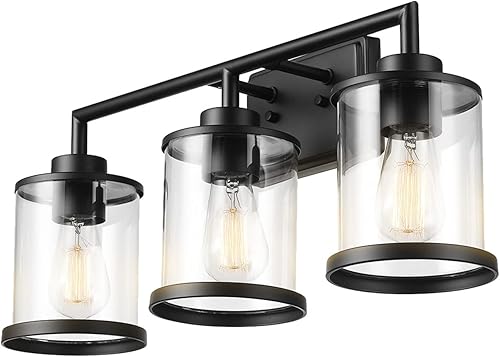 Miniatura 8 de Globe Electric 52059 - Juego de baño todo en uno de 5 piezas, negro mate, lámpara de tocador de 3 luces con pantallas de vidrio transparente,