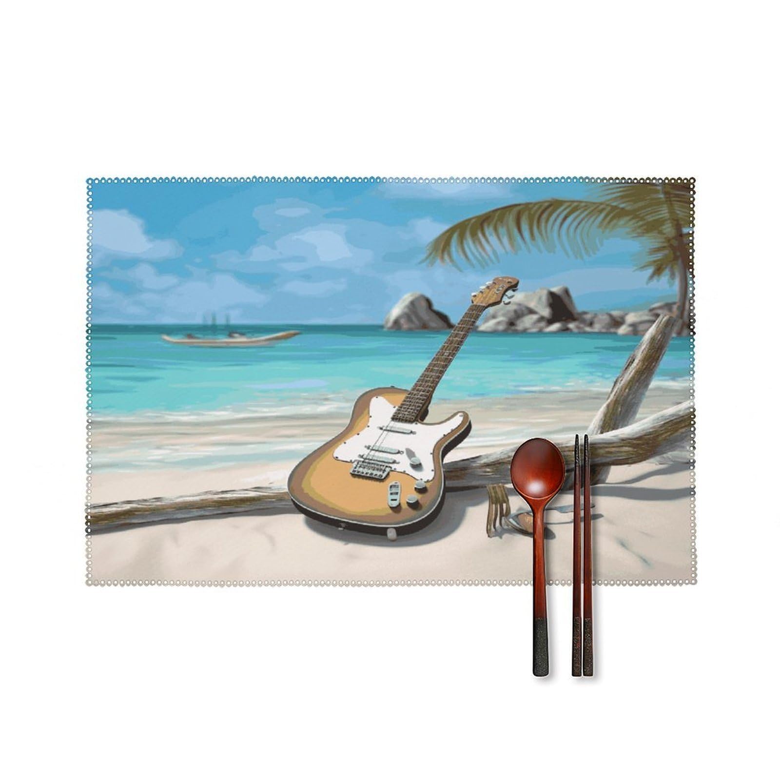 Btcowzrv Style Guitar On The Beach Canvas Placemats Set Of 6, Wipeable Washable Place Mats For Indoor & Outdoor, Table Mat Decor For Kitchen Dining Party