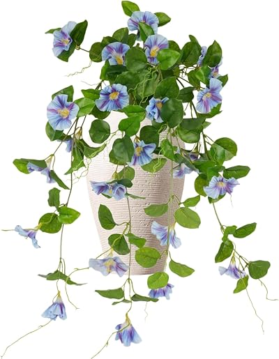 4Pcs Artificial Flowers for Outdoor, 38.5 inch Long Faux Flower Realistic Morning Glory Hanging Fake Silk Greenery Plant with Flowers for Outside Indoor Vase Home Party Wedding Garden Decor, Blue