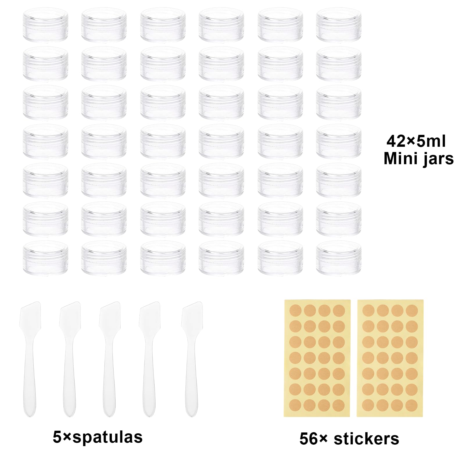 Pojemniki 5 ml z pokrywką, 42 sztuki, małe tygle z etykietami i szpatułką, mini pojemnik na śmietanę, przezroczyste pojemniki na próbki kosmetyków, kremu do ust, zdobienia paznokci