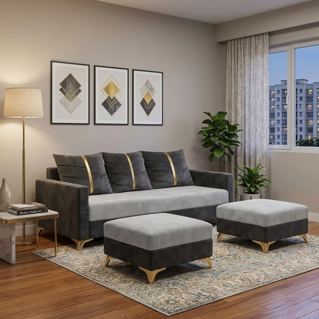 Caviar Plush Comfort Sofa Set | 3 Seater with 2 Ottomans | Luxury Velvet Suede Fabric | Modern Living Room Sofa | Dark Gray - Light Gray-image-34