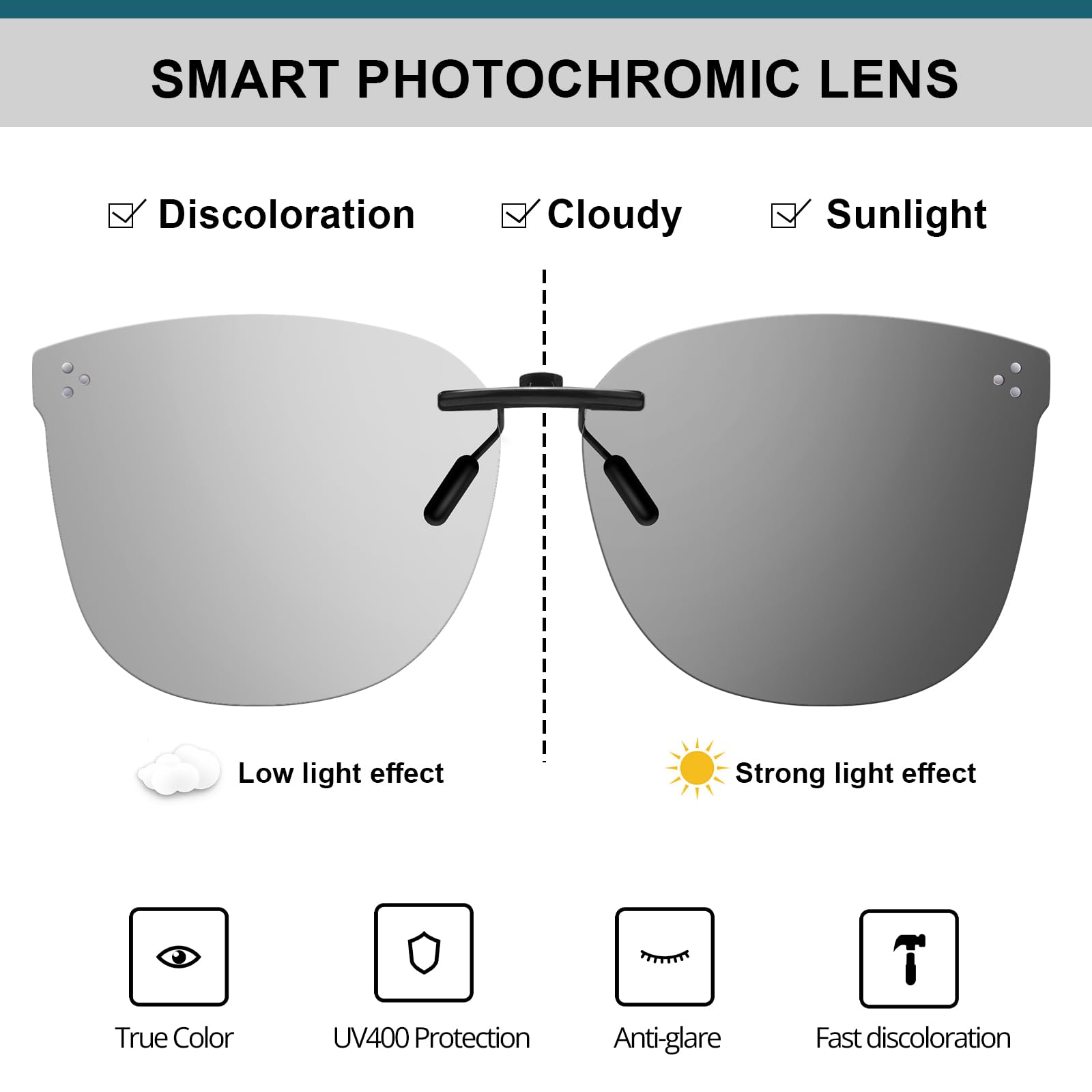 VIEWBETTER Photochrome Sonnenbrille zum Anklippen, für Damen und Herren, polarisiert, UV400-Schutz, rahmenlos, leicht, PH3169