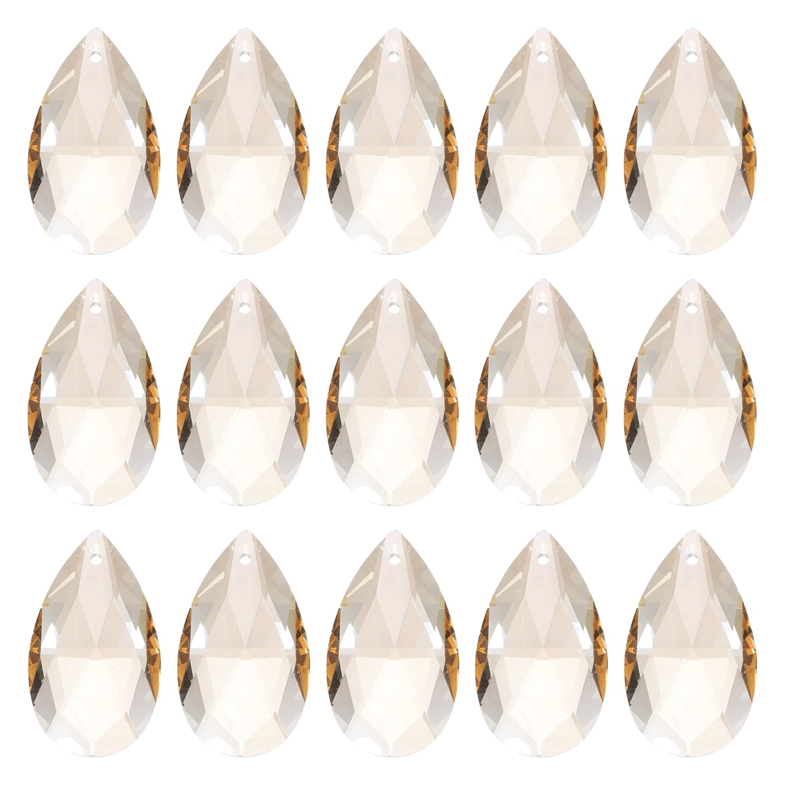 YELARXI Glass Teardrop Beads, Lamp Repair Pendants with Metal 38x22 mm & 15 Pack & Glass & Golden Champagne-Fitting For(Window/Jewelry Making/Decoration)