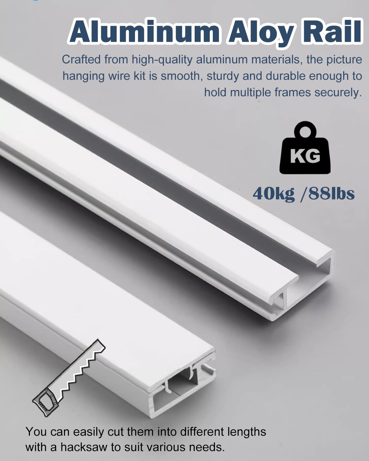 Cimaise pour Tableau Système de Fixation pour Cadres Photo Galerie, Kit D'accrochage pour Tableaux, Blanc pour Œuvres D'art De(2m/6.6' Cable,48"/122cm Track)
