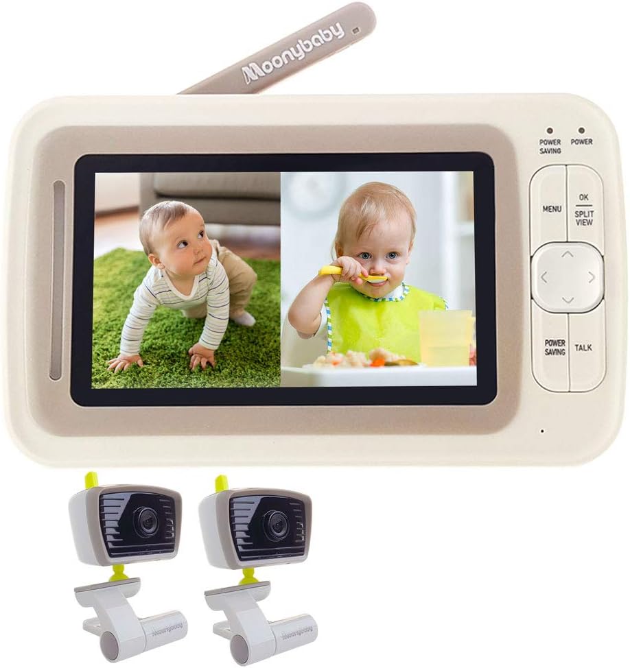 Moonybaby Split Screen Baby Monitor with 2 Cameras, Extended 12hrs Battery Life, Wide View, Large Screen, Long Range, Night Vision, Temperature Monitoring, 2 Way Talk Back, Power Saving