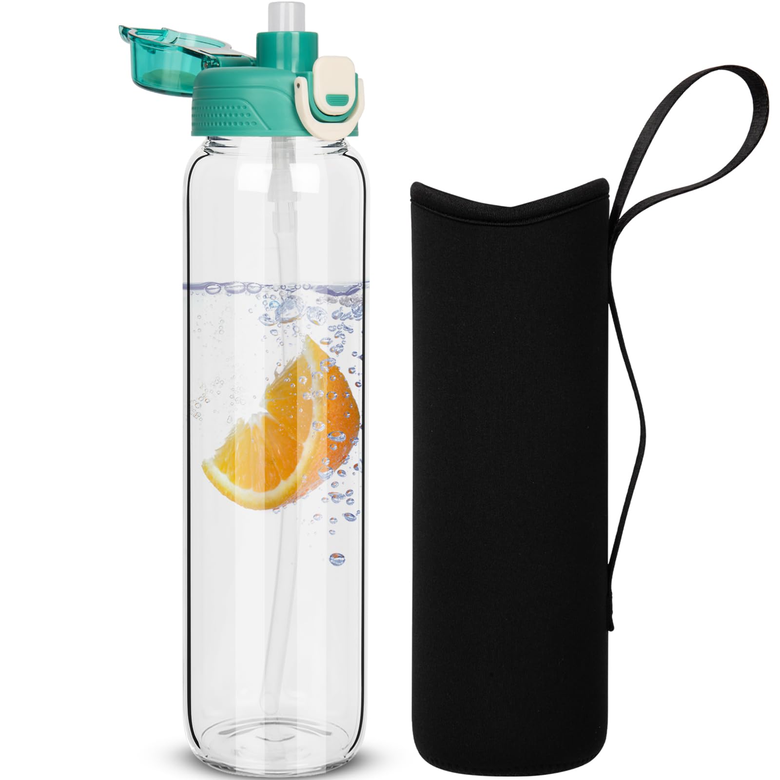 DEARRAY 1l Glass Water Bottle with Straw & Neoprene Sleeve 1 litre BPA free Glass Drinking Bottle Leakproof
