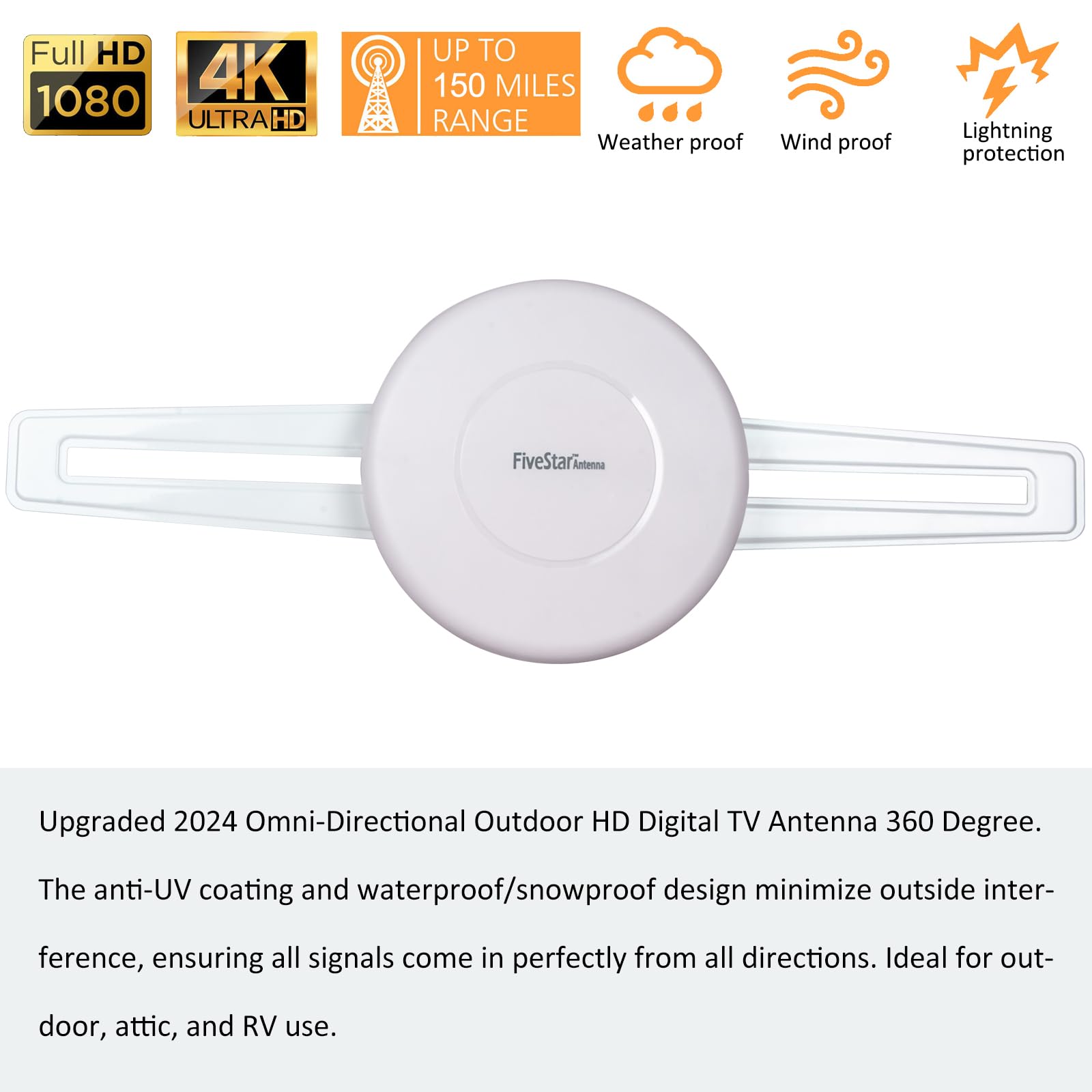 Five Star Upgraded 2024 Omni-Directional Outdoor HD Digital TV Antenna 360 Degree, J Mount Included for Attic or Outdoor, Weather Resistant, Supports ATSC 3.0 and 4K 1080P HD Smart TV VHF UHF
