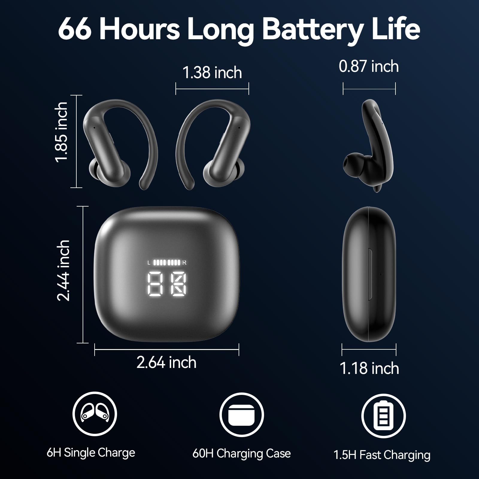 Auricolari sportivi con gancio per l'orecchio 66 ore di riproduzione con custodia a LED, Bluetooth 6.0 wireless, auricolari sportivi sopra l'orecchio, cuffie IPX4 per allenamento in palestra