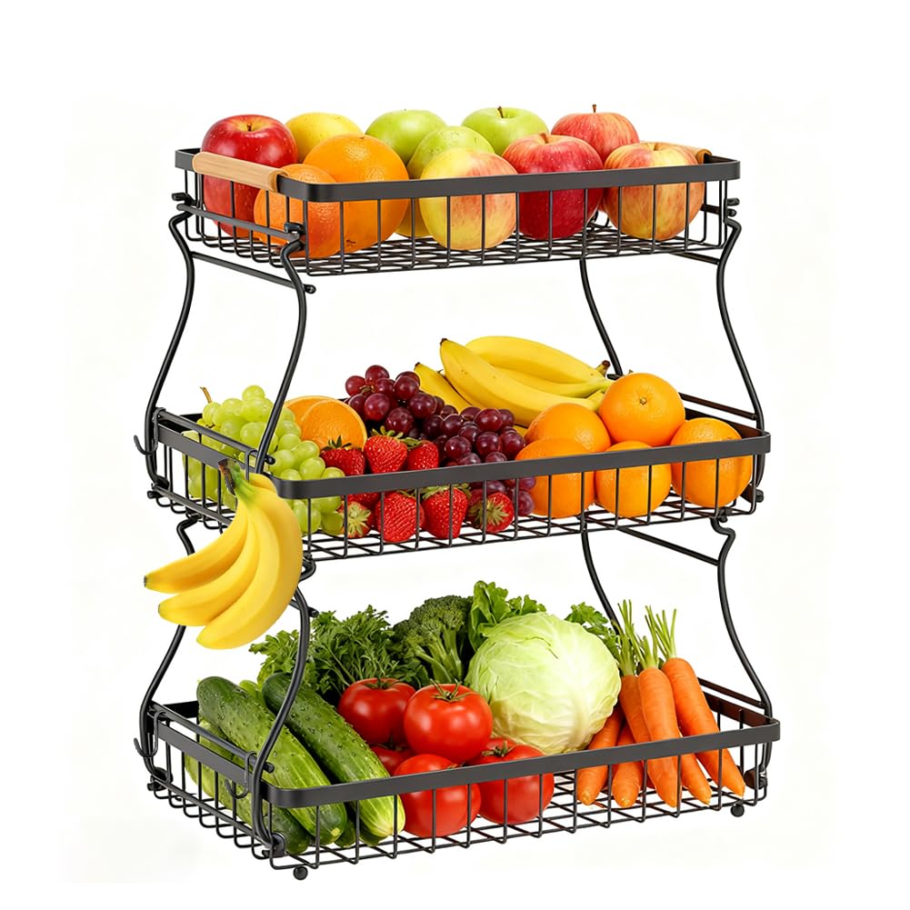 Frutero de 3 pisos negro para organizar tu cocina con soportes para plátanos