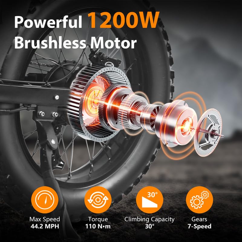 Image of 1200W 48V Electric Bike for Adults 15.6AH Removable Lithium Battery 44.2 Mph Max Speed 20 inchx4 inch Fat Tires 5-Speed Gears 7s Shimano Hydraulic Brakes Aluminum Frame with Rear Rack & Fenders Scarlet