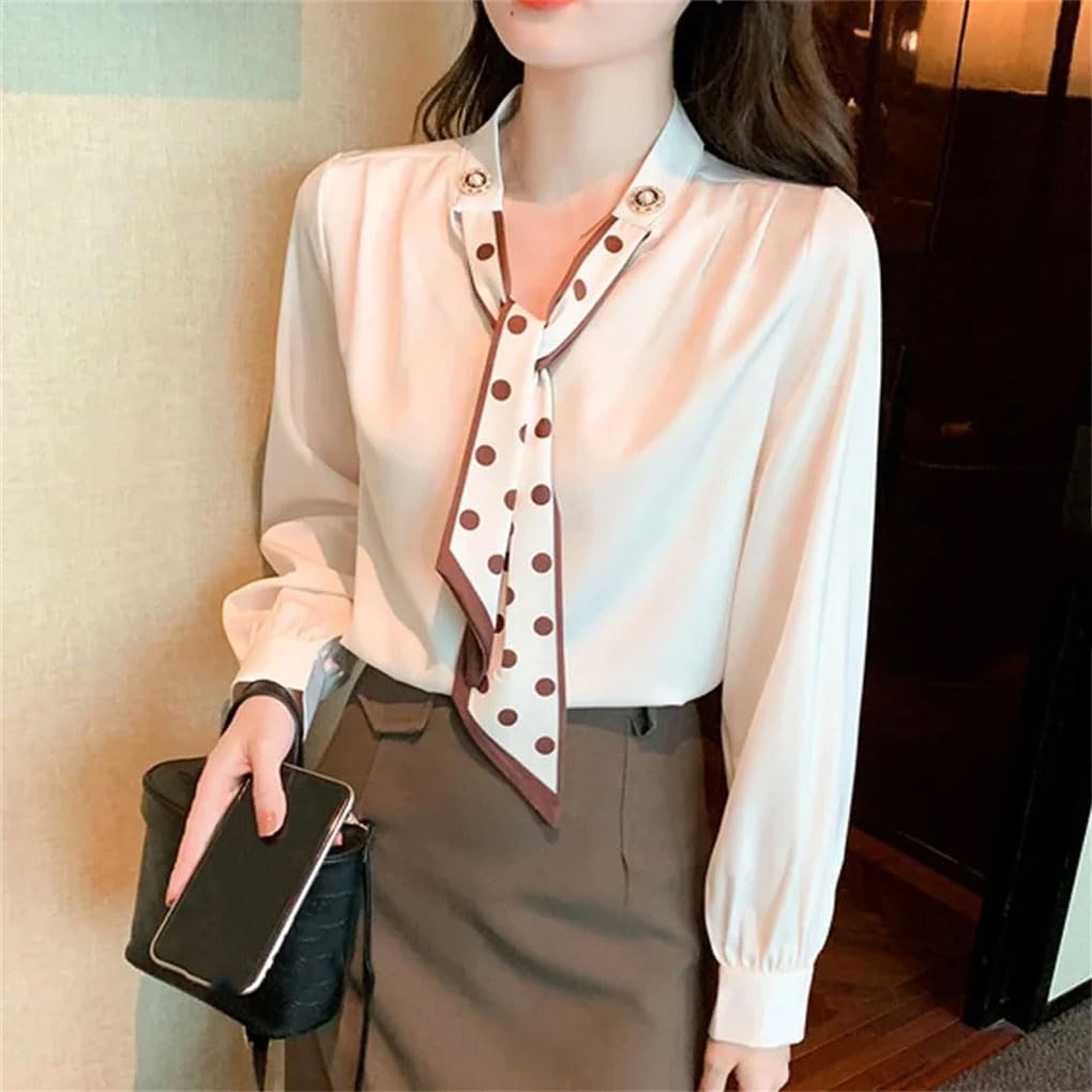 Camicetta da donna bianca con scollo a V, a maniche lunghe, in chiffon, per lavoro, ufficio, lavoro