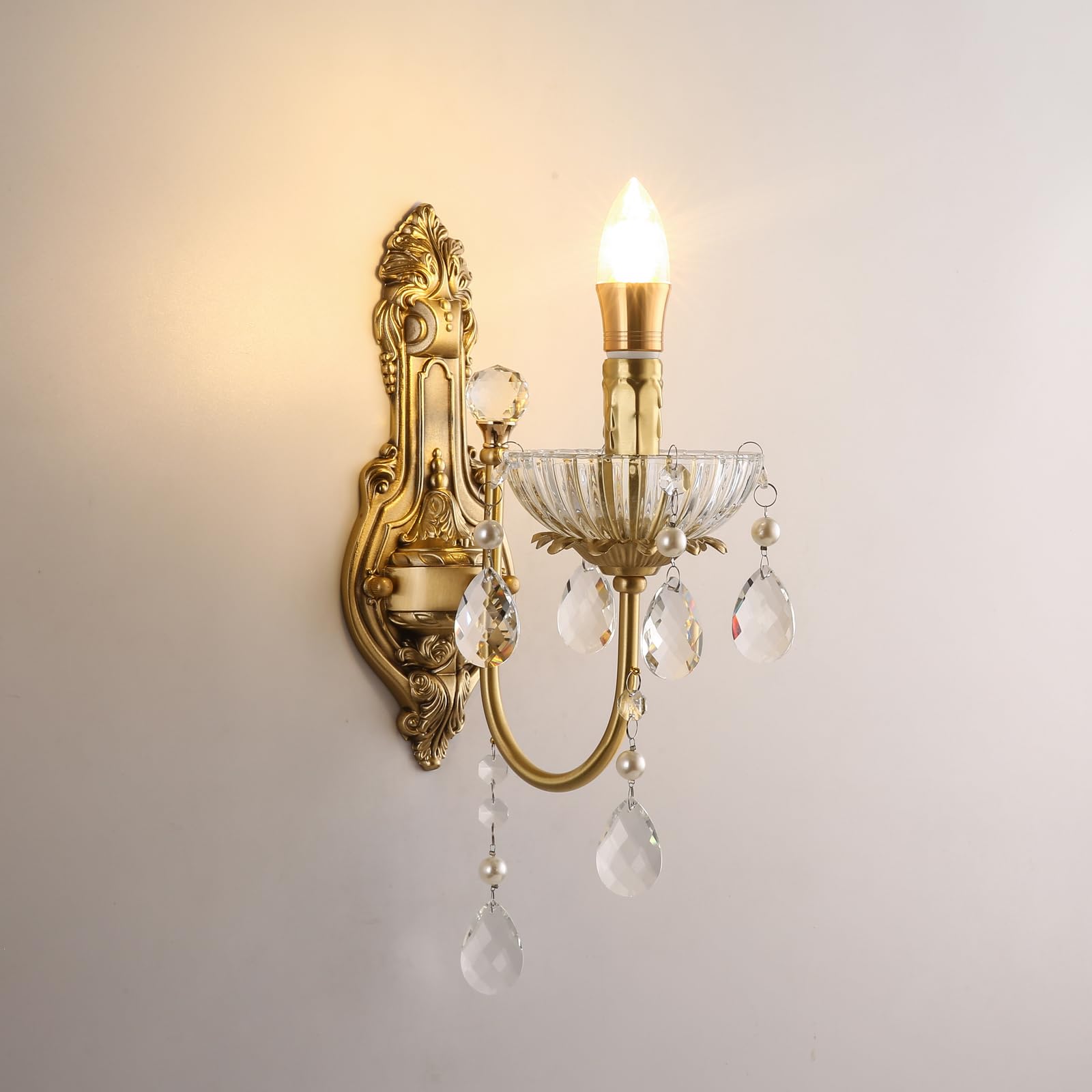 HUAYUSEDF French Brass Crystal Wall Sconces American Retro Candle Living Room Bedroom Bedside Lamp Villa Hotel Study Aisle Corridor Light (H 1 Light)(E 1 Light)