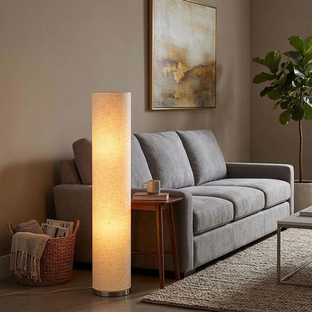 Stehlampe Esszimmer modern Säulenlampe 3 flammig Stehleuchte sandfarben mit Textilschirm, Metall nickel, 3x E27 Fassungen, DxH 19x110 cm