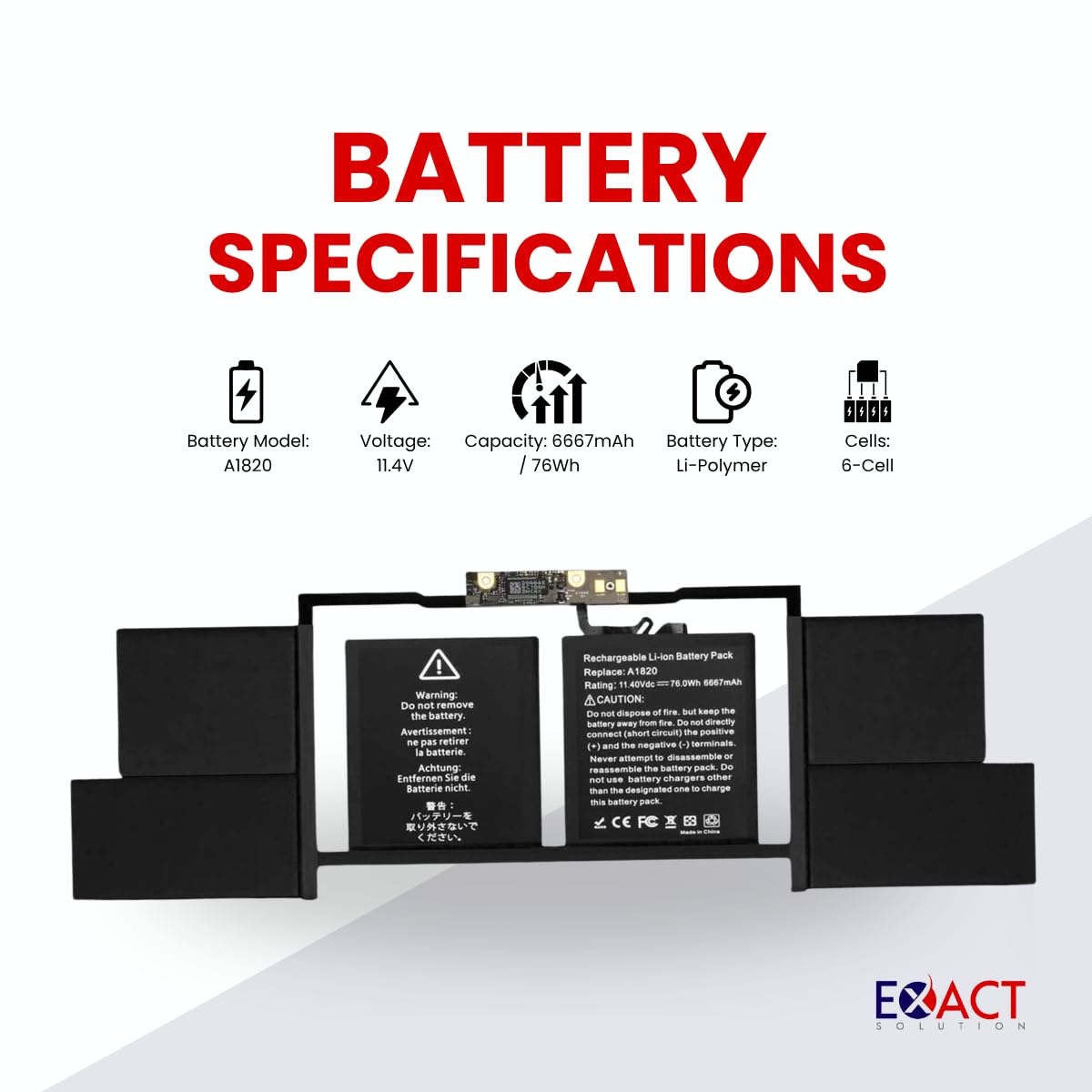 A1820/A1707 Batterie de Rechange pour MacBook Pro 15" (Fin 2016, mi-2017) EMC 3072 EMC 3162 MLH42CH/A MLW72CH/A MLW82CH/A MPTR2LL/A MPTT2LL/A [Li-ion 11.4V, 76Wh/6667mAh]