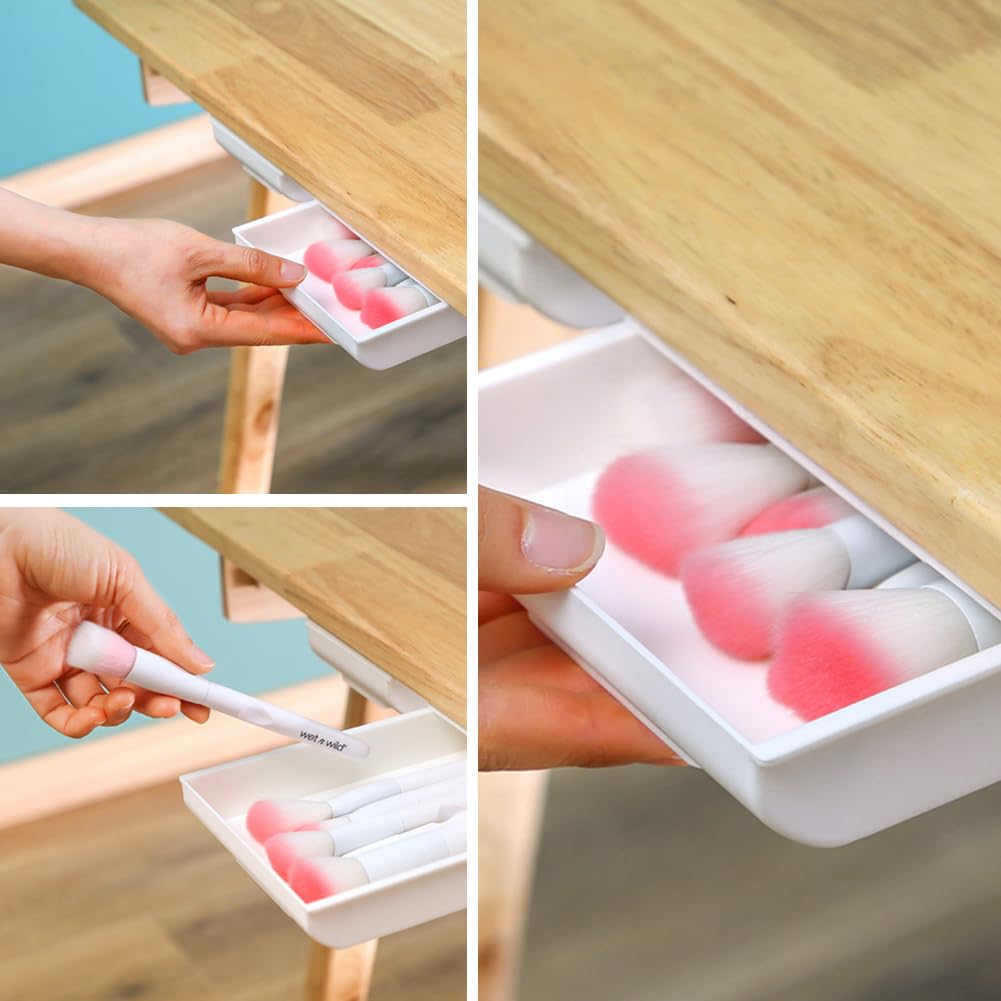 Cajón Debajo Del Escritorio,Organizador de Cajones Autoadhesivo,Almacenamiento Extensible Cajones Escritorio,Organizador de Cajones Caja de Almacenamiento Mini,Cajón Oculto,Blanco,25.5×20×4.2cm (4)