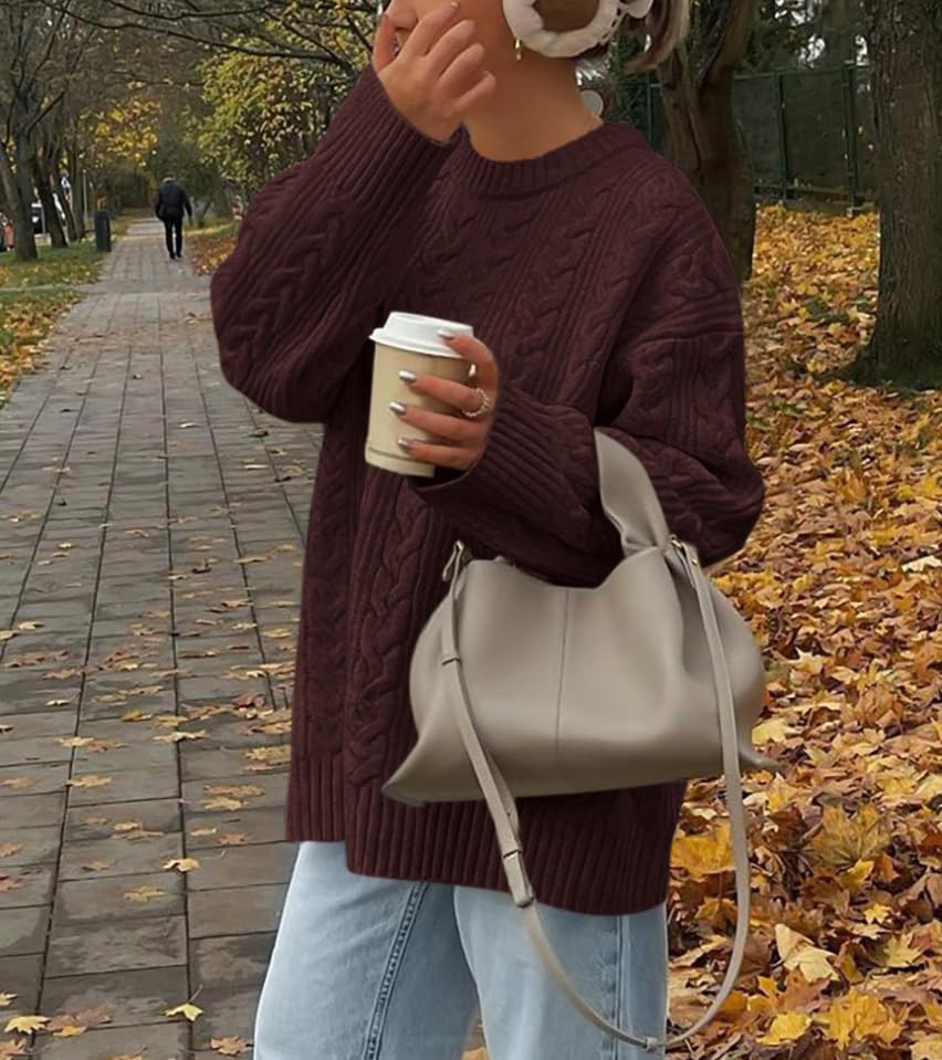 Okiwam Women's Oversized Sweaters Crewneck Cable Knit Pullover Casual Loose Fall Outfits Fashion Clothes 2025