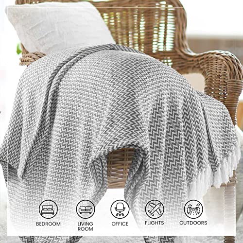 Image of SASHAA WORLD Chevron Throw Blanket Handwoven with Fringes | Throw for Living Room, Bed, XL Sofa & Chair | Grey Throw Blanket | 150x200 cm Pack of 1