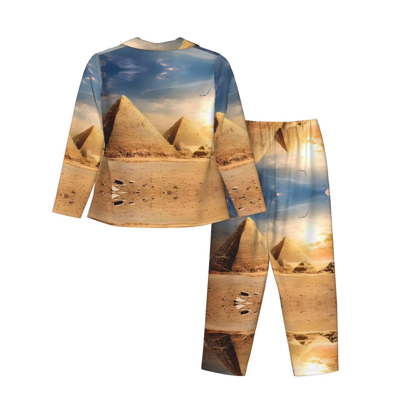 Pigiama da donna - Piramide egiziana con stampa deserto a maniche lunghe, traspirante e delicato sulla pelle, abbigliamento da casa per autunno e inverno