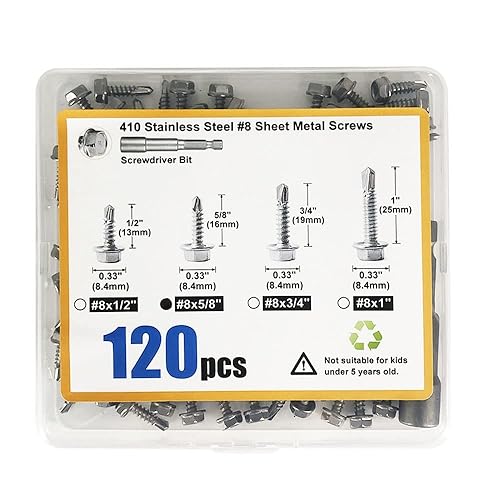 Miniatura 5 de QSJ 120 tornillos de chapa #8 x 58 pulgadas, cabeza hexagonal de acero inoxidable 410, tornillos autorroscantes rápidos con punta de destornillador,