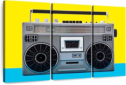 ElephantStock - Retro Silver Boombox Wall Art - Horizontal Multi Panel Canvas - 3 Piece Living Room Wall Decor - Photography Music Multi Piece Wall