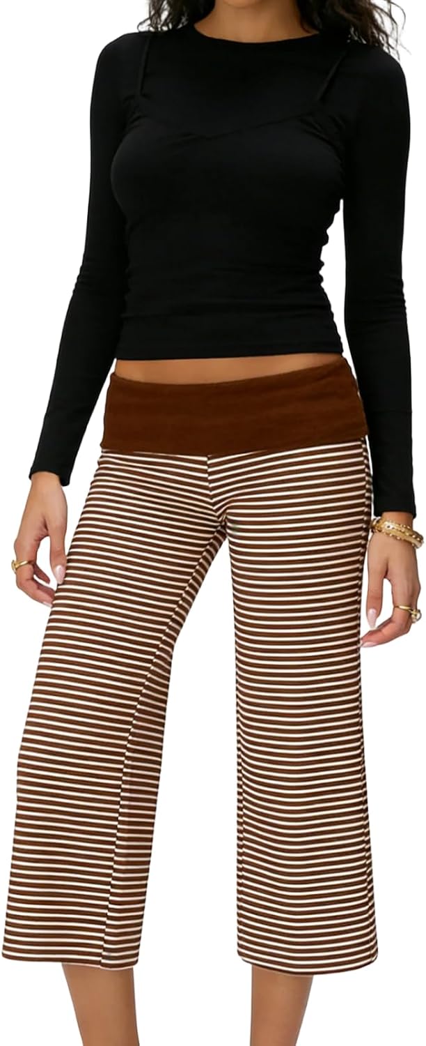 Women's Casual Wide Leg Capri Pants Summer Low Rise Fold Over Stretch Gaucho Pants Flowy Cropped Culottes