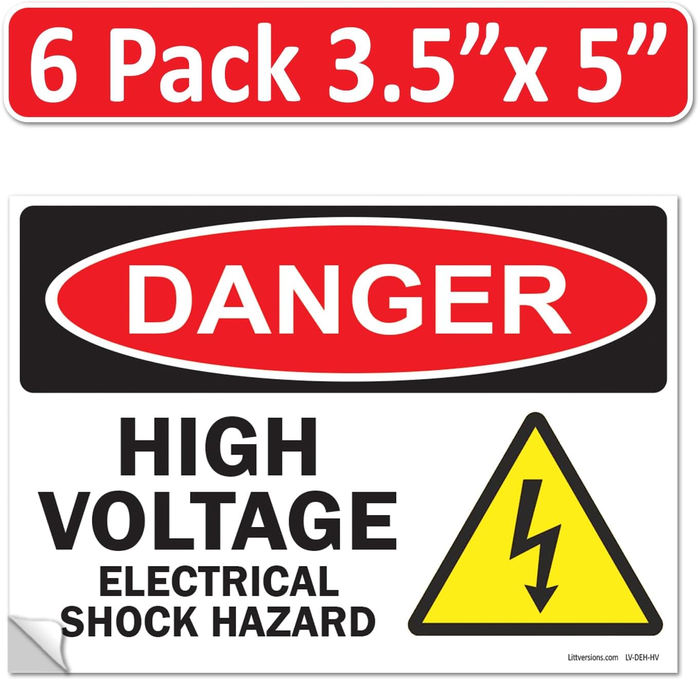 6 Pack Danger High Voltage, Electrical Shock Hazard OSHA WARNING Label Sign Decal 6 mil Laminated Engineer Grade UV Protected Red Black White ANSI NFPA Weather Resistant Indoor Outdoor 131702 (Laminated Vinyl, 3.5" x 5")