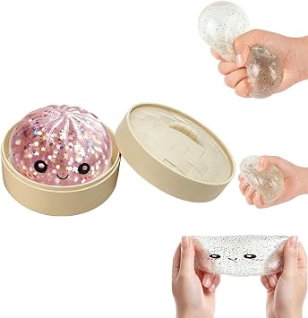 Squishy Glitter Dumpling Toy - 1 PC Bao Bun Squishys with Steamer Box, Squishy Dumpling Toys, Squishys Fidget Toys, Portable Stress Relief Squeezing Toy for Anxiety Stress Relief Pink