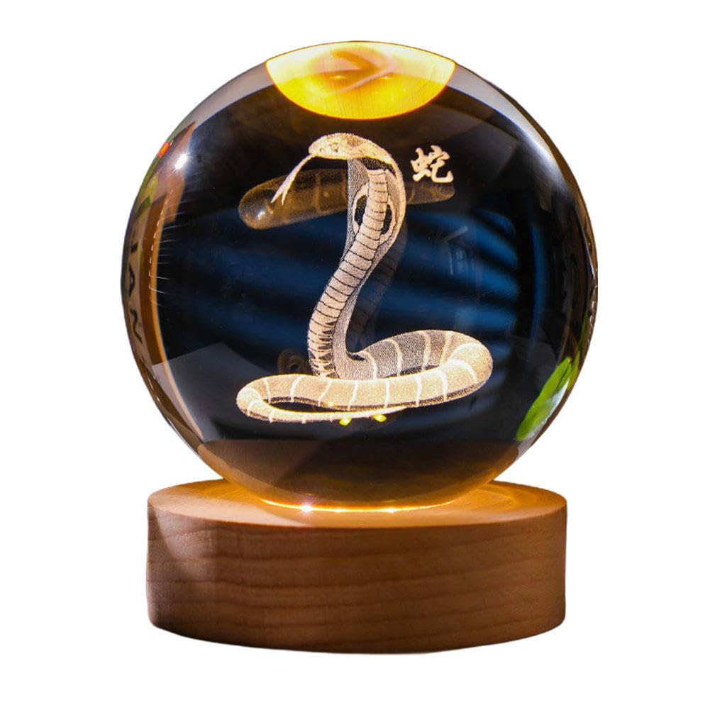 Chinese Zodiac Luminous Crystal Ball Night Light, Chinese Zodiac Horse 3D Crystal Ball with Wooden Lighting Base, Feng Shui Glass Sphere, New Year Birthday Gift, Home Furnishings (snake 6cm)