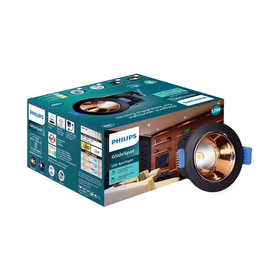 PHILIPS 12 Watt Rose Gold Reflector LED Ceiling COB Round Spot Light with Adjustable Tilt | Cut Out: 82mm | Warm White, Pack of 1 (Glide Spot)-picture-28