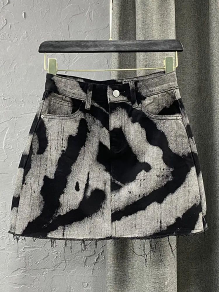 JYHBHMZG Women's Denim Skirt Hiugh Waist Tie-Dyed Printed Burr Above Knee Streetwear Skirts Spring Trendy